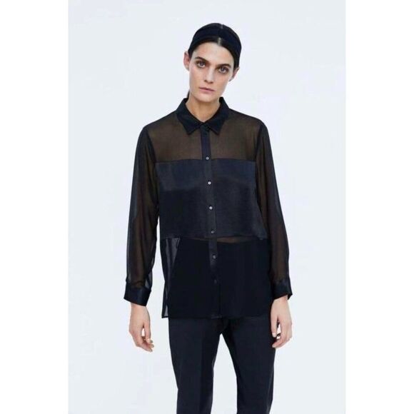 Zara Women Top Blouse Shirt Large L Black Sheer Combination 8372/259 NWT - Picture 1 of 11